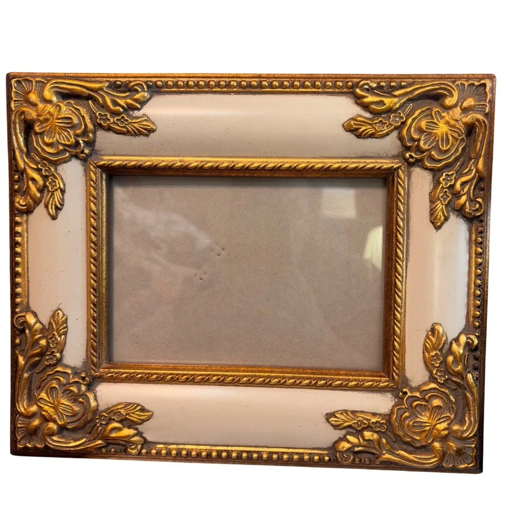 Ornate Vintage Floral Picture Frame Gold Cream Easel Stand 5x7 Inch Display Lux